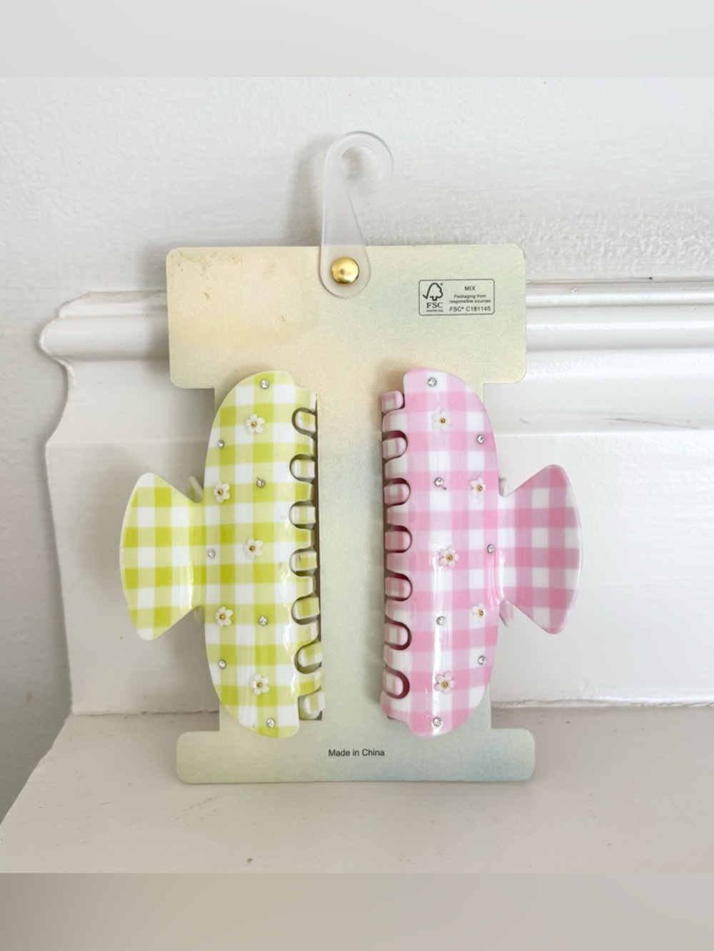 PIPER K Gingham Daisy Clip Set - Pink & Green - Picture 2 of 3